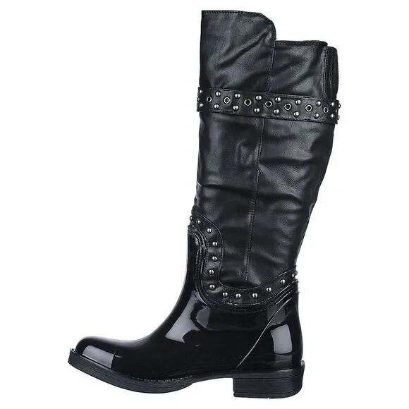 Women's Rivet Studded Shiny Black Rubber Rain Boot Rainboot - Picture 5 of 5